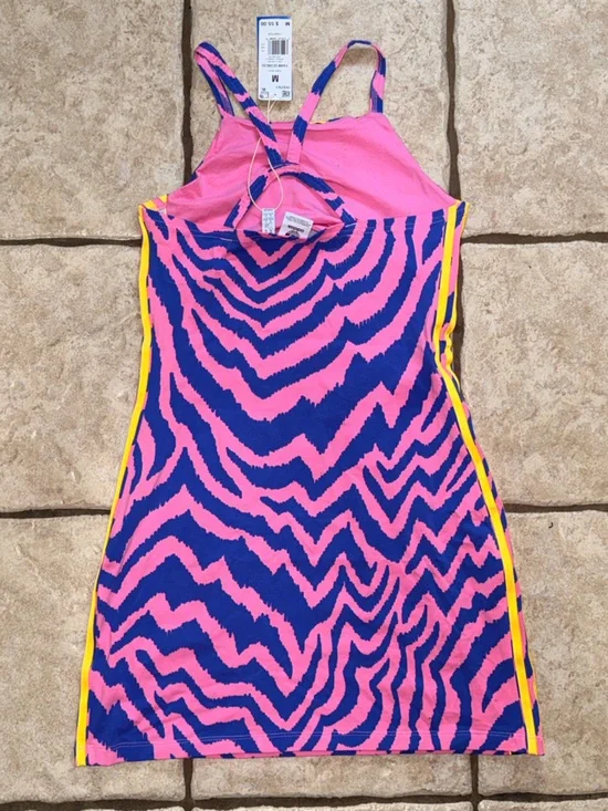 NWT Adidas x Farm Rio Pink & Blue Zebra-Stripe Mini Tank Dress-M - Picture 5 of 13